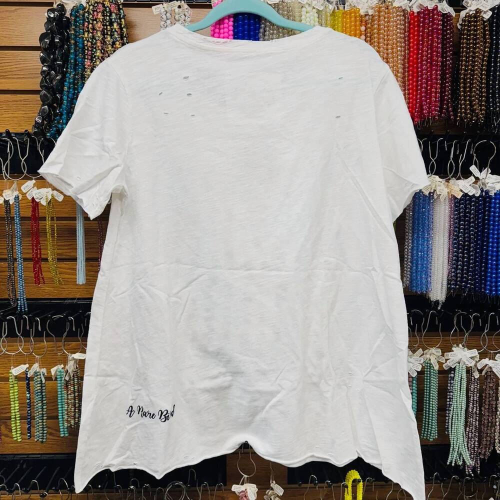 NEW A RARE BIRD women's freedom forever shirt in white distressed